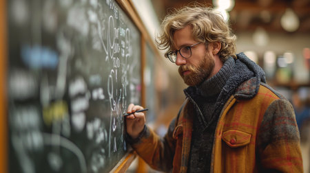 man writing blackboard pen top selection curly blonde hair professor clothes math large bubble insanely city bangle nerdy appearance fur fox scientist, generative aiの素材