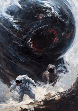 astronaut white space suit walking towards black hole evil monster tusk entertainment swirling fluid demogorgon scenery, generative aiの素材