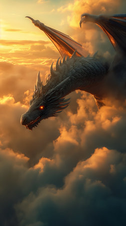 dragon flying clouds wings spread view brunet promotional return king still rick sun sky strong breathtaking, generative aiの素材