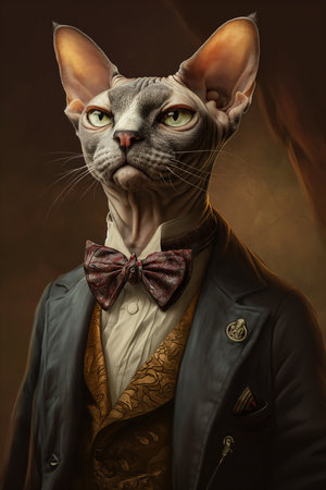 kitty cat kitten wearing suit bow tie portrait albino mystic distrustful arrogant archimedes modern attire victorian aristocrat gray anthropomorphic bald, generative aiの素材