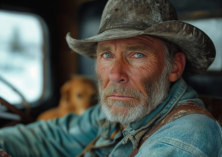 man cowboy hat sitting truck portrait natural grizzled skin old wrinkled dog fierce expression wyoming lenses historic trail two characters, generative aiの素材