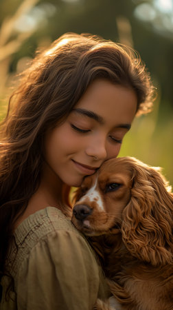 woman hugging dog field eyes closed focus girl model closeup portrait interconnected human intimate holding close friend light bronze hair youth, generative aiの素材