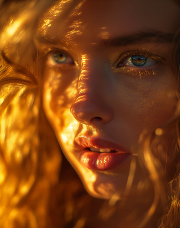closeup woman long hair blue eyes dappled golden sunset portrait glowing princess short curly blonde haired girl face love shapes, generative aiの素材