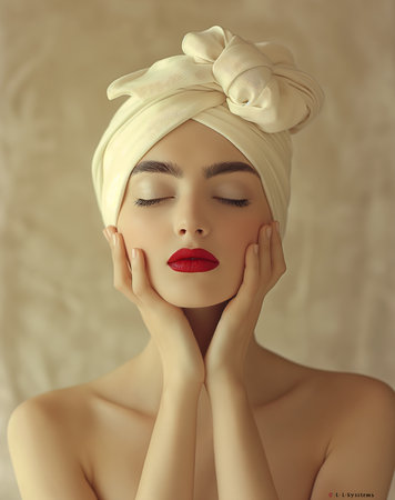 woman towel wrapped head red lips soft flawless pale skin berets floating perfume fashion peaceful expression portrait absurdly pronounced facial contouring, generative aiの素材