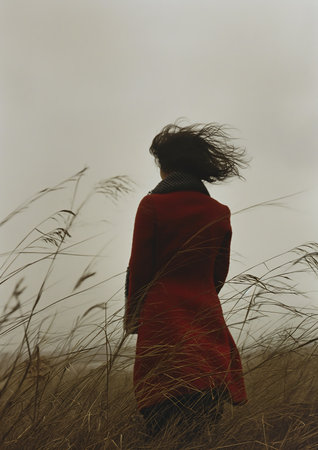 woman red dress walking field cold stormy wind fashion magazine grief swept girl hair romanticism, generative aiの素材