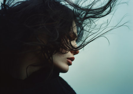 woman long hair blowing wind black cloak neck ankles life magazine womans face unkempt, generative aiの素材