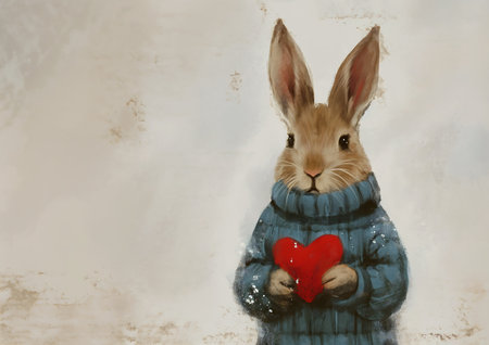 rabbit holding red heart hands favorite warm color clothes wearing sweater hearts radiate connection long ears, generative aiの素材