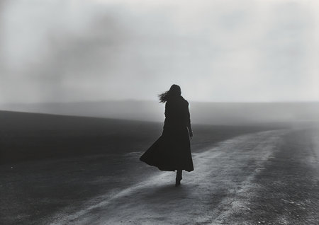 woman walking down road long dress foggy environment broken hearted trench coat floating alone away clear silhouette sea sadness fog background girl love noir, generative aiの素材
