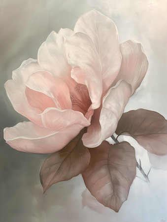 pink flower leaves soft diffuse lighting white petal hues subtle grey magnolia exquisite light singularities, generative aiの素材