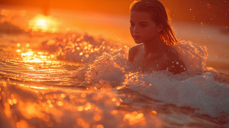 woman deep surfboard warm orange lighting stunning little girl closeup magic golden hour young girls love, generative aiの素材