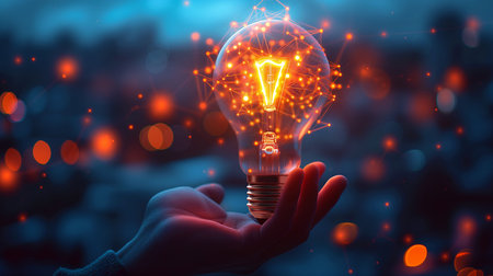 holding glowing light bulb hand interconnected incubator machine revolution collaborative, generative aiの素材
