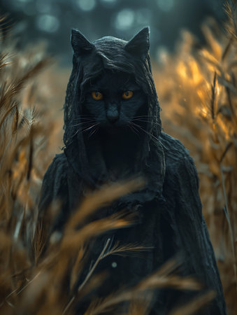 black kitty cat kitten standing field hood city walking wheat soothsayer deity scary eerie fierce eyes merlin, generative aiの素材