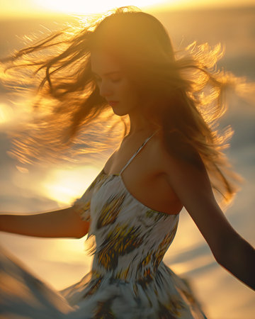 woman walking beach sunset hair blowing wind flower dress talented heavenly angel volumetric perfect light standing rooftop city yellow sunshine though dancing, generative aiの素材