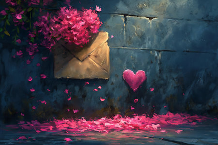 pink heart window petals ground delivering mail cute wow signature blue wall graffiti ancient keys beautifully rich moody color, generative aiの素材