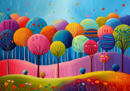 landscape trees flowers foreground trend balloons forest having fun vibrant bountiful crafts candy coated dream, generative aiの素材