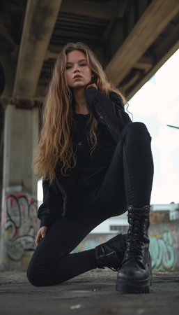 woman black outfit sitting ground hand chin fashion wild ginger hair post apocalyptic city kicking blond long louisiana clothing wearing hood young girl, generative aiの素材