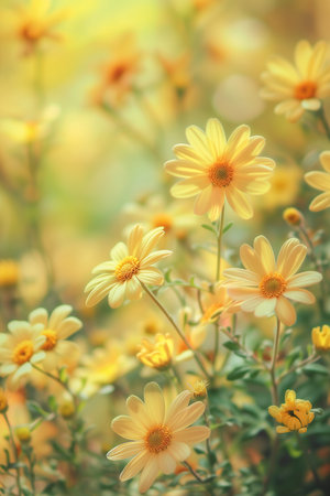yellow flowers blooming field soft background indoor light overgrown garden environment color radiate connection bright sunshine, generative aiの素材