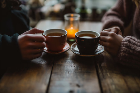 two people sitting table cups coffee holding close hands boba milky oolong tea blurry distant background connected heart machines dialog middle age wood planks intimately, generative aiの素材