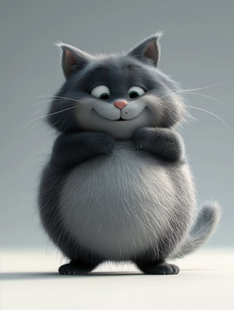 kitty cat kitten standing paws crossed still despicable fat grey smiling city thick furry neck chest fluff cute aliased goose wide grin hamster obese, generative aiの素材