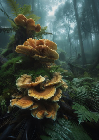 mushrooms growing tree forest ferns consumer electronics world awards mists fertile alien planet oysters large jungle flowers portland oregon light orange location above below, generative aiの素材