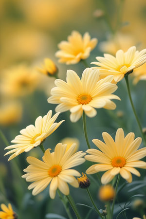 yellow flowers field blurry background ratio young holding daisy yellowish light accompanying hybrid smiling sweetly reduce duplication gemstones spikes serene emotion, generative aiの素材