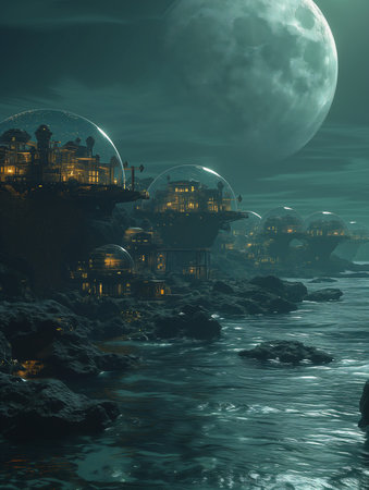 large moon shining city world fifth element underwater home princess scattered islands final year, generative aiの素材