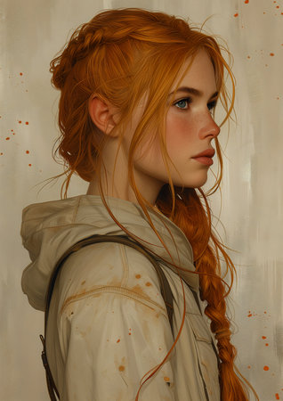 redhead haired woman long red hair backpack looks young talented orange bow female soldier plaster cheek elf spiky, generative aiの素材