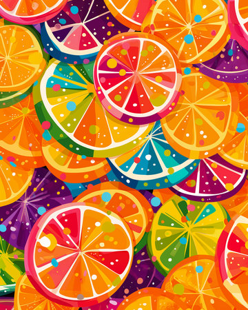 closeup orange slices table multicolored vector lemonade generate multiple random color fruit machines umbrella, generative aiの素材