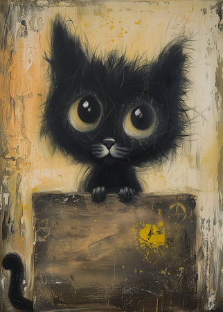black kitty cat kitten big eyes sitting sign sparkly runic words bright chairman, generative aiの素材