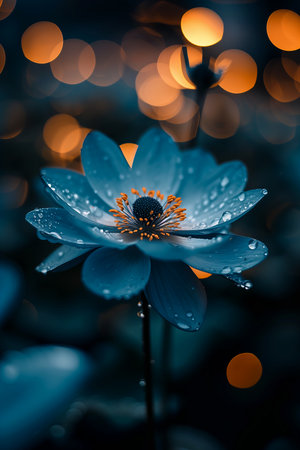 closeup blue flower deep droplets grey colors lotuses amazing color radiate connection evening lights teal night magazine, generative aiの素材