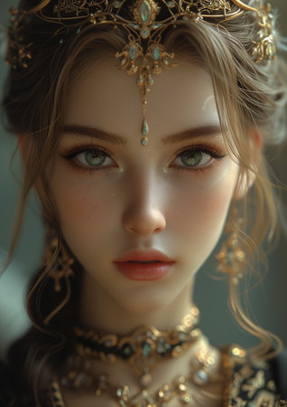 closeup doll necklace breathtaking asian face warrior pale skin arab princess young woman hindu, generative aiの素材