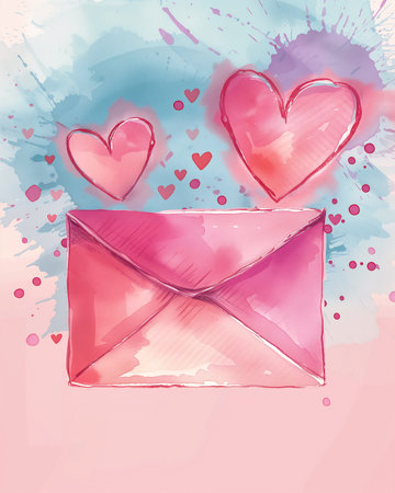 pink envelope hearts coming out illustration large diagonal brush strokes smiles color delivering mail flat post processed old parchment connecting life news feed pallet, generative aiの素材