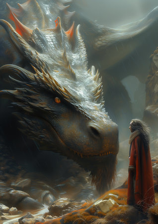 man standing next dragon field stunning entertainment lord rings kindness falls rain cover usa super wizard riding border collie end, generative aiの素材