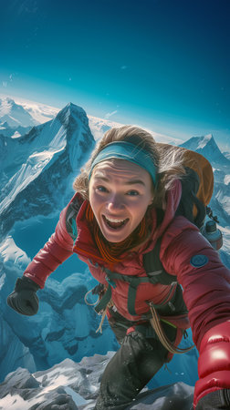 smiling woman climbing mountain backpack back promotional professional looking maw old opened ecstatic expression female protagonist adventure athlete footage publicity polar, generative aiの素材