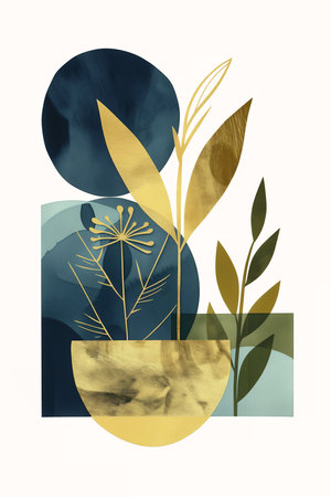 plant gold leaf vase flat graphic color loosely cropped centered design professional portfolio disconnected shapes brass coffee stars background, generative aiの素材