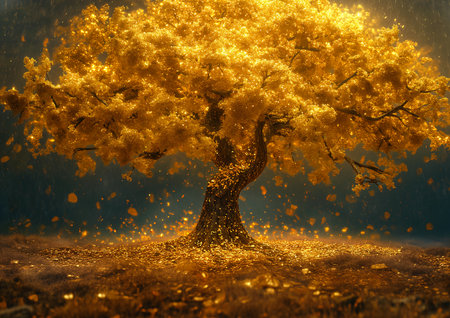tree golden leaves field gold scene banknotes flying barrel gorgeous cherry blossom nostalgia bars, generative aiの素材