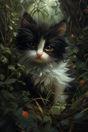kitty cat kitten sitting grass cute oil timid vulnerable expression unusually unique beauty profile innocent look rich vivid color placed forest, generative aiの素材