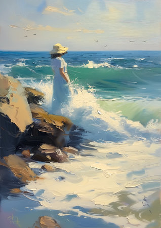 woman white dress hat standing rock ocean wave frequencies listing key confidently drifting heavy paint deep swirling, generative aiの素材