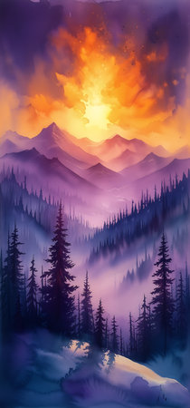 mountain sunset stream cool purple grey lighting smokey room original sun stood forest full sunrise coloring store traveling misty planes, generative aiの素材