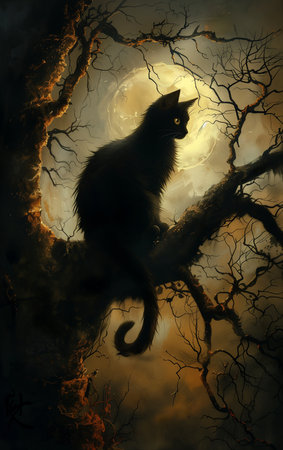 kitty cat kitten sitting tree branch moonlight spooky yellow orange eyes phobos open window night long sleek tail behind dreamy occultist during evening pet, generative aiの素材