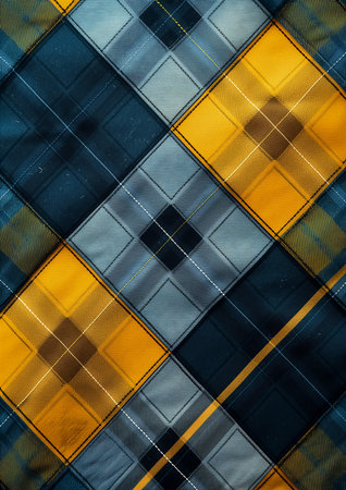 closeup plaid tie yellow blue design young metal floor shapes background squared border neat key center flannel full black studio, generative aiの素材