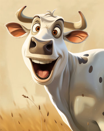 cow smiling standing grass closeup portrait cartoon insane smile professional western mesa resembles bulls, generative aiの素材