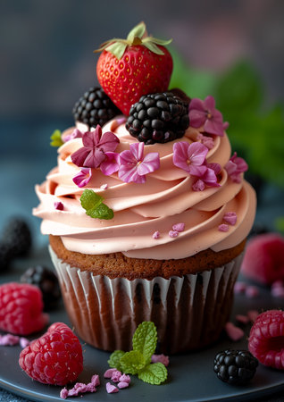 cupcake frosting berries top transparent pink full happy round cropped refreshing color bite wall perfect defense, generative aiの素材