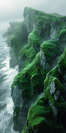cliff covered green grass next ocean fjords tumultuous sea glaciers rich greenery shrouded lost edges, generative aiの素材