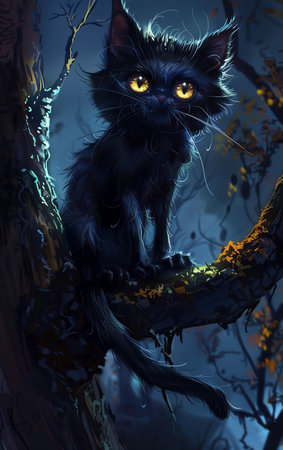 black kitty cat kitten sitting tree branch night cute large eyes princess cartoon striking azure granny, generative aiの素材