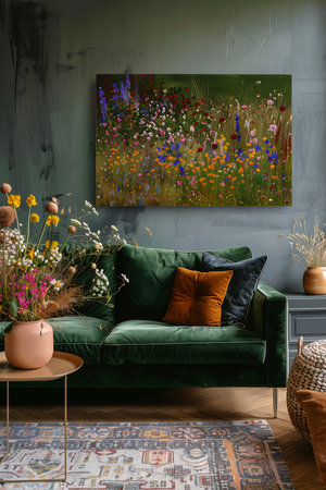 brightly colored hangs above green couch living room australian wildflowers grasses environment impactful ambient, generative aiの素材