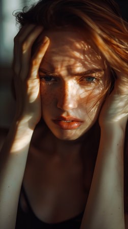 woman freckles black top holding head reddish light elegance lens flare blond hair face frustration human disconnected girl love pallid skin red cheeks pale curly despair, generative aiの素材