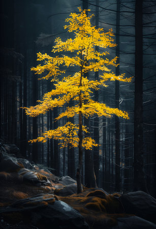 tree forest yellow leaf silver light alpine climate high luminosity unusually unique beauty standing alone filtered vertical, generative aiの素材