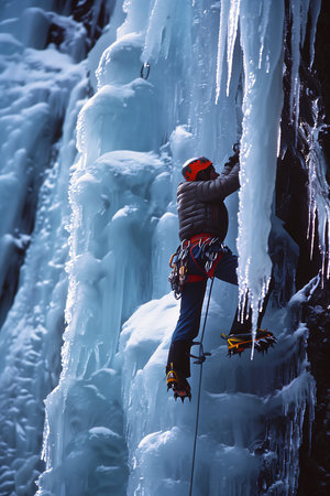climber frozen cliff ice icicles full focus vivid acrophobia ambitious business products supplies lens exaggerated still tv series determination vertical, generative aiの素材