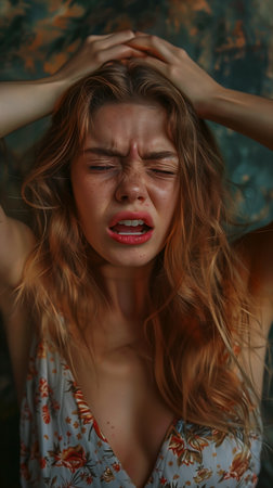 woman red hair white dress covering face staring screaming beer girl portrait consumer electronics pain sweaty insane sleepy fashion model young blonde mouth open, generative aiの素材